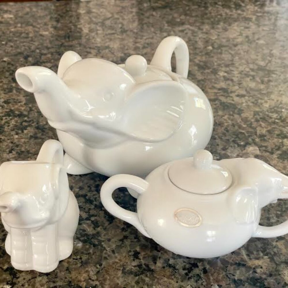 Tea Set Shaped in Elephants White Porcelain Teapot, Sugar Bowl and Creamer Jug